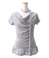 【予約　4/17発送】ドレープ裾チェックフリルカットソートップス