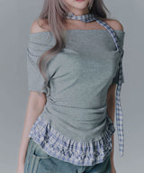 【予約　4/17発送】ドレープ裾チェックフリルカットソートップス