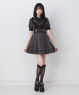【予約　6/8発送】ジャケット風チェーンネクタイベルトフリルプリーツ半袖ワンピース