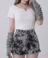 【予約　4/30発送】オフショル ハトメディテール ラインストーンロゴ クロップドTシャツ【SD】