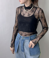 ストレッチ レース ハイネック ロンT