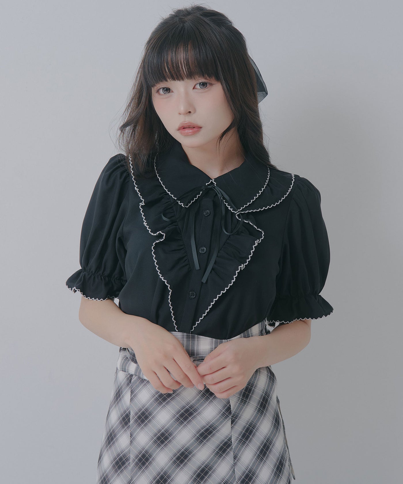 LIMI feu 半袖シャツ フリルスリーブ ブラック 記念セール9/17 11時まで】上品大人フリル半袖シャツブラウス