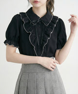 【予約　5/1発送】上品大人フリル半袖シャツブラウス【SD】