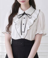 【予約　5/1発送】上品大人フリル半袖シャツブラウス【SD】