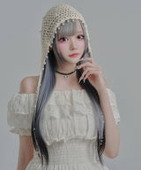 Y2K パール付 ニット バブーシュカ ヘッドドレス / クロシェ編み フリンジ サブカル 地雷系 韓国 儚げ