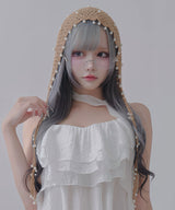 Y2K パール付 ニット バブーシュカ ヘッドドレス / クロシェ編み フリンジ サブカル 地雷系 韓国 儚げ