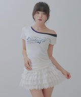 【感謝祭セール対象】ロゴ オフショルダー Tシャツ / レイヤード風 アシンメトリー 星柄 Tシャツ エッジィ