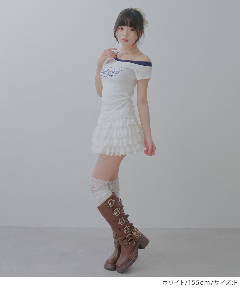 ロゴ オフショルダー Tシャツ / レイヤード風 アシンメトリー 星柄 T