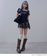 【感謝祭セール対象】ロゴ オフショルダー Tシャツ / レイヤード風 アシンメトリー 星柄 Tシャツ エッジィ