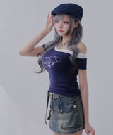 【感謝祭セール対象】ロゴ オフショルダー Tシャツ / レイヤード風 アシンメトリー 星柄 Tシャツ エッジィ