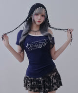 【感謝祭セール対象】ロゴ オフショルダー Tシャツ / レイヤード風 アシンメトリー 星柄 Tシャツ エッジィ