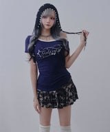 【感謝祭セール対象】ロゴ オフショルダー Tシャツ / レイヤード風 アシンメトリー 星柄 Tシャツ エッジィ