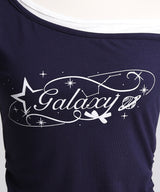 【感謝祭セール対象】ロゴ オフショルダー Tシャツ / レイヤード風 アシンメトリー 星柄 Tシャツ エッジィ