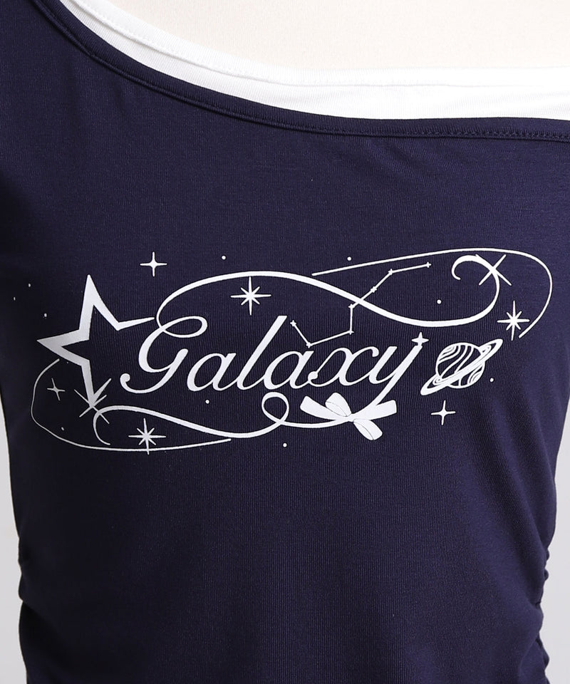 ロゴ オフショルダー Tシャツ / レイヤード風 アシンメトリー 星柄 T