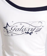 【感謝祭セール対象】ロゴ オフショルダー Tシャツ / レイヤード風 アシンメトリー 星柄 Tシャツ エッジィ