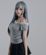 【感謝祭セール対象】Y2Kバレエコア襟レース オフショルダー ロゴTシャツ / アシンメトリー