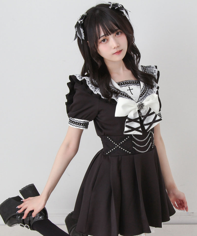 1/6 女性用春物コスチュームC (Black)POP-X38A 予約 6/3発送】十字架刺クロススタッズチェーンレースアップセーラー