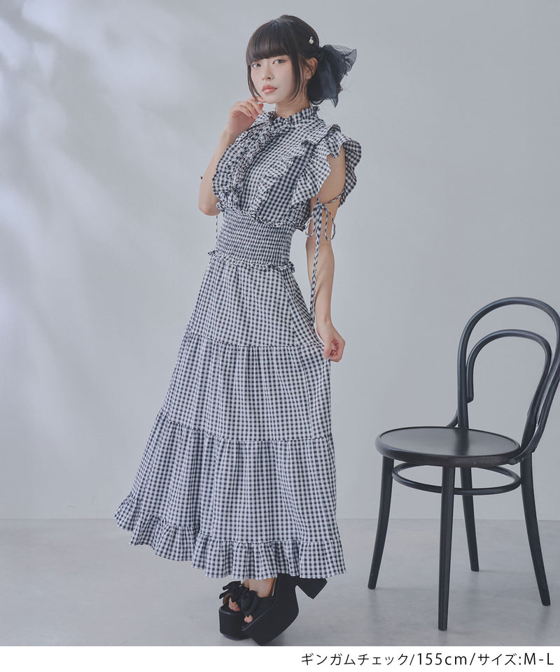 プチハイネックシアーチェックティアードロングワンピース【大きい
