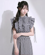 【予約　5/29発送】プチハイネックシアーチェックティアードロングワンピース【大きいサイズあり】【SD】