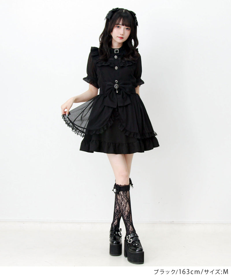 美品 タダシショージ カシュクール リボン レース 切り替え ワンピース 黒 予約 6/25発送】チョーカー風クロスレースリボンカシュクールフリル