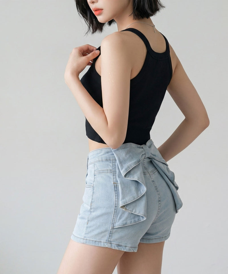 バックリボン デニム ショートパンツ / ハイウエスト ストレッチ 美脚