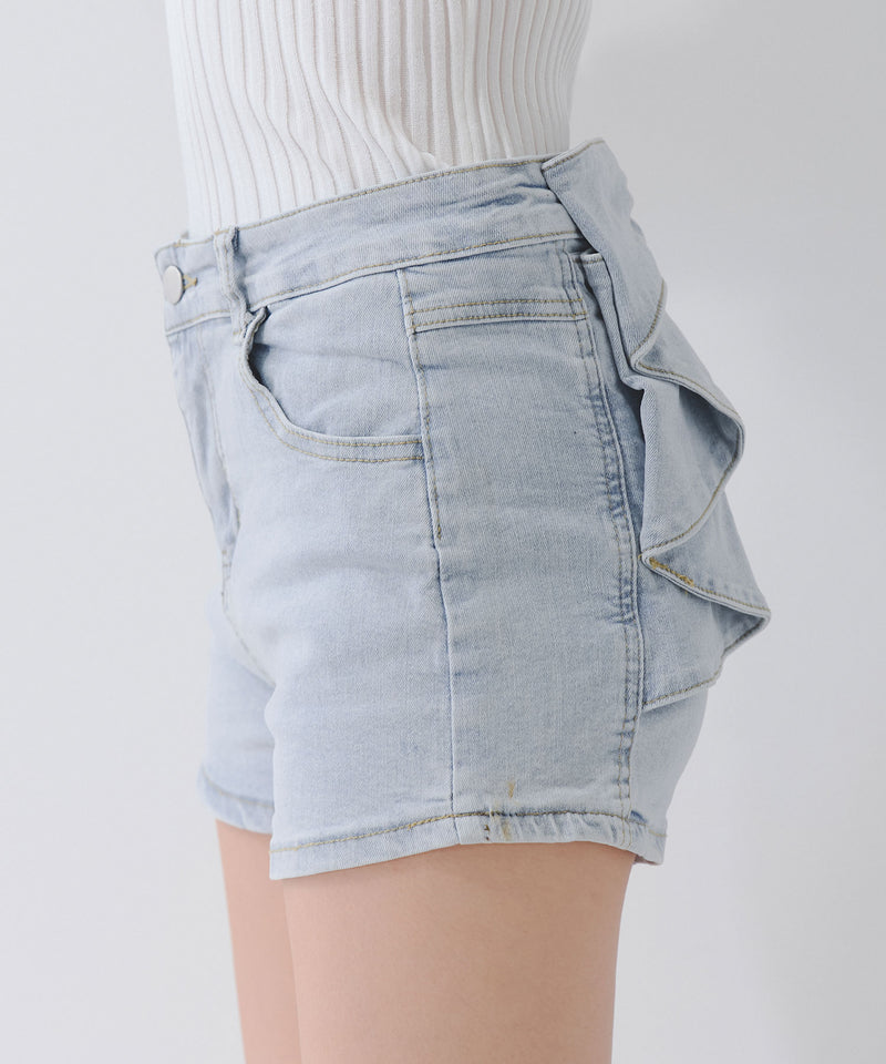 バックリボン デニム ショートパンツ / ハイウエスト ストレッチ 美脚