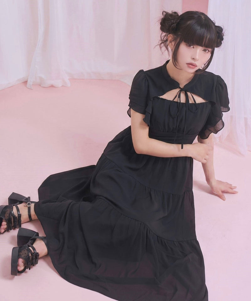 JN様 スナイデル 異素材 ロング　ワンピース ティアードフリル 黒 0 デコルテオープンティアードロングワンピース【大きいサイズあり