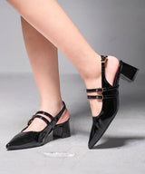ダブルストラップ太ヒールポインテッドトゥパンプス