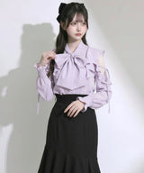 【8/27 11時より発売】ショルダーレースフリルリボンボウタイブラウス【大きいサイズあり】