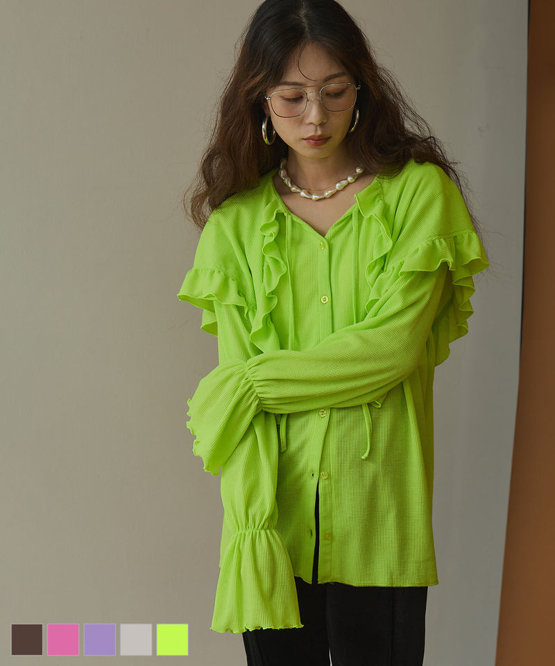chia　PLEATS PLEASE フリルスリーブ トップス ピンク 予約 10/23発送】シアーワッフルVネックフリルカラートップス【SD