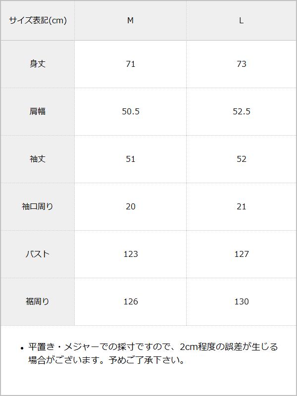 バックメッセージプリントシアーシャツ / サイズ表