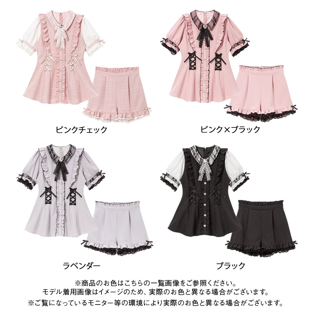 レース重ねウエストレースアップフリルセットアップ