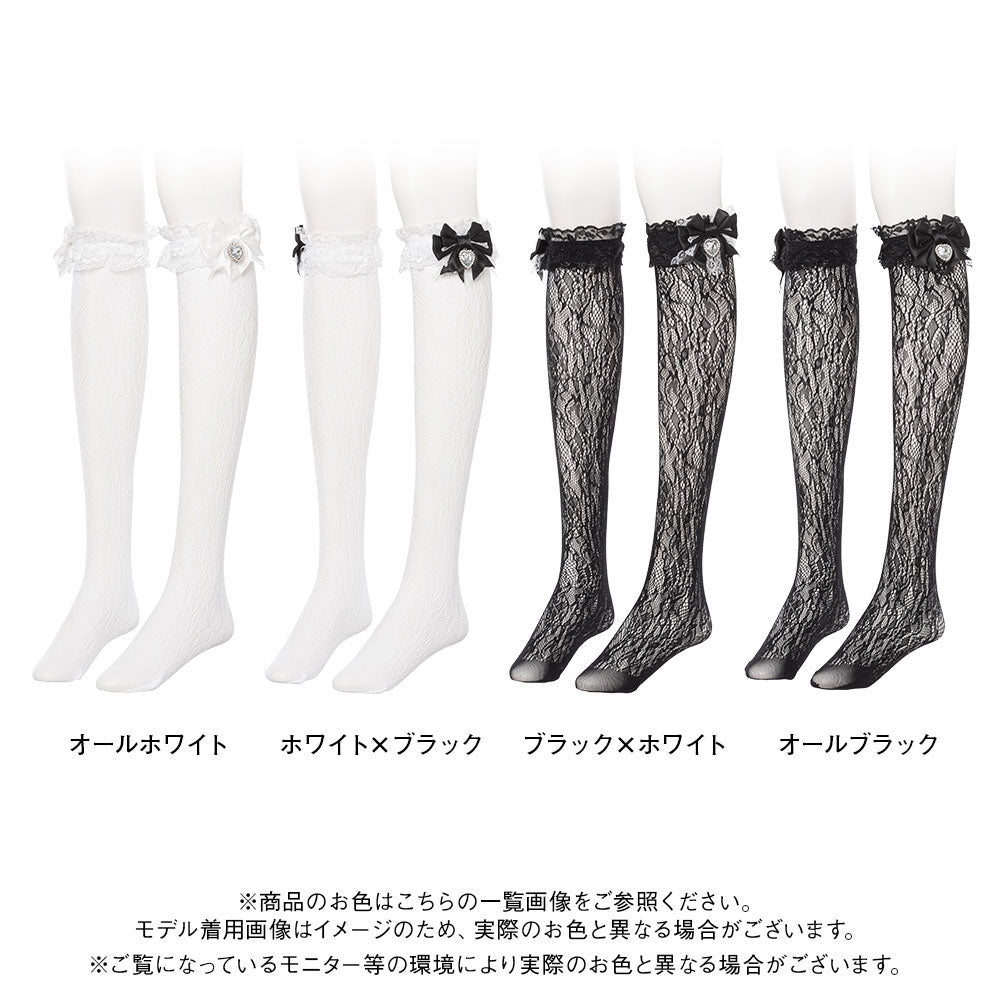 ハートパールビジューリボンレースハイソックス – レディース