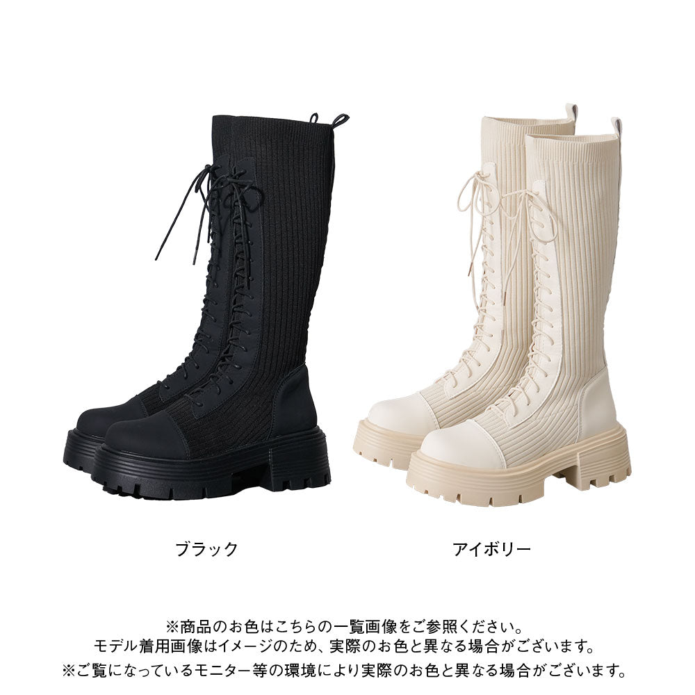 美品　コンバース　レースアップロングブーツ　20ホール　キャンバス　24.5cm 楽天市場】厚底レースアップリブストレッチロングブーツ レディース 靴