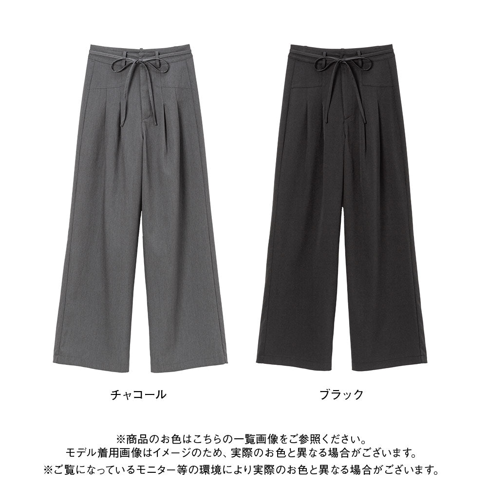♥️L'HOTEL♥️ウエストリボンタックパンツ♥️M♥️ワイン♥️ リボンベルト付シンプルタックワイドパンツ – レディース