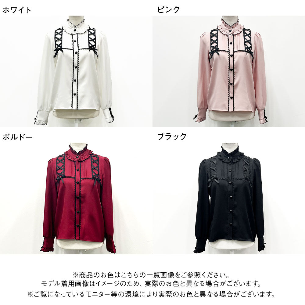レースアップフリル襟ブラウス – レディースファッション通販の