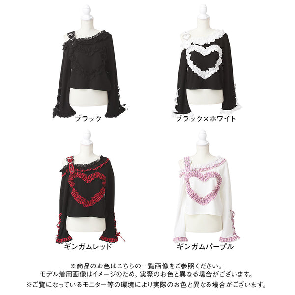 【予約　5/15発送】ワンショルダーハートレースフリルTシャツ