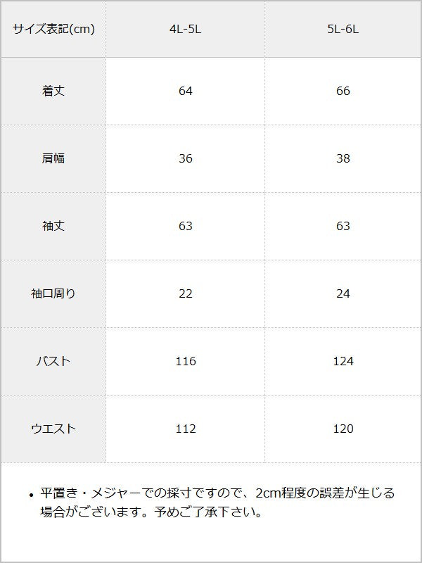 【4L-5L】ショルダーレースフリル丸襟ブラウス / サイズ表