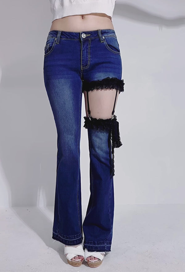 セクシーガーター風ギャルストレッチフレアデニムパンツ