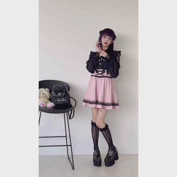 ハートビジューリボンレースアップフリルスカート