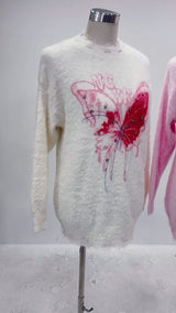 ふわふわダメージ加工バタフライビジューニットトップス