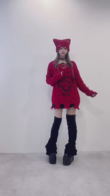 サブカル地雷系ダメージ風ゆるだぼ英字ロゴ長袖ニットトップス