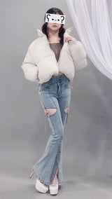 スリット入りカットアウトリボンフレアデニムパンツ