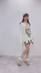 サブカル地雷系ダメージ風ゆるだぼ英字ロゴ長袖ニットトップス