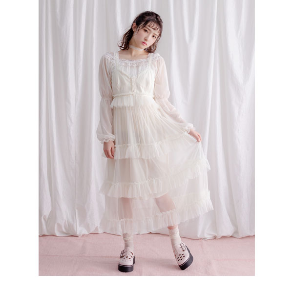 AIMER ドレス チュールフリルスリーブワンピース×ジャカード
