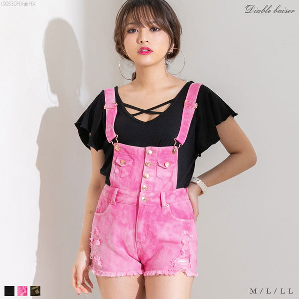 デニムショートパンツサロペット【オールインワン】【M~LL】