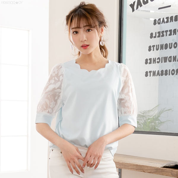 スカラップ襟オーガンジー5分袖ブラウス