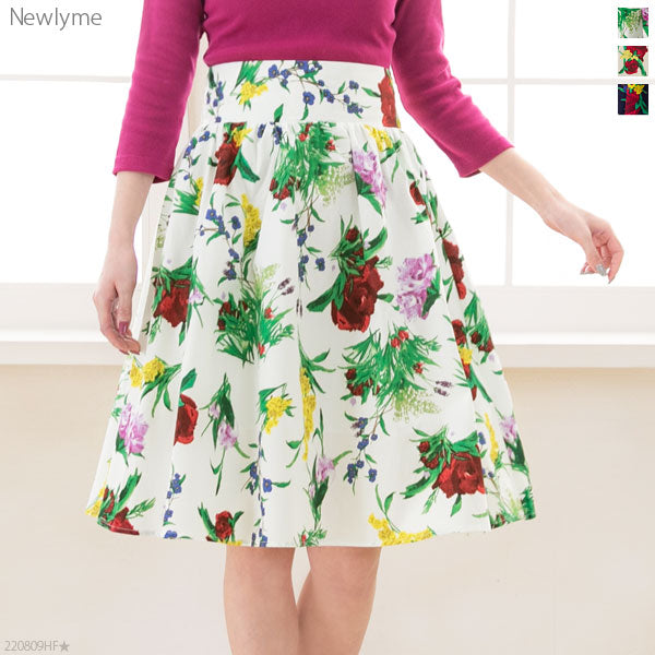 【2buy3buy対象】【メール便】綿ブロードひざ丈花柄フレアスカート