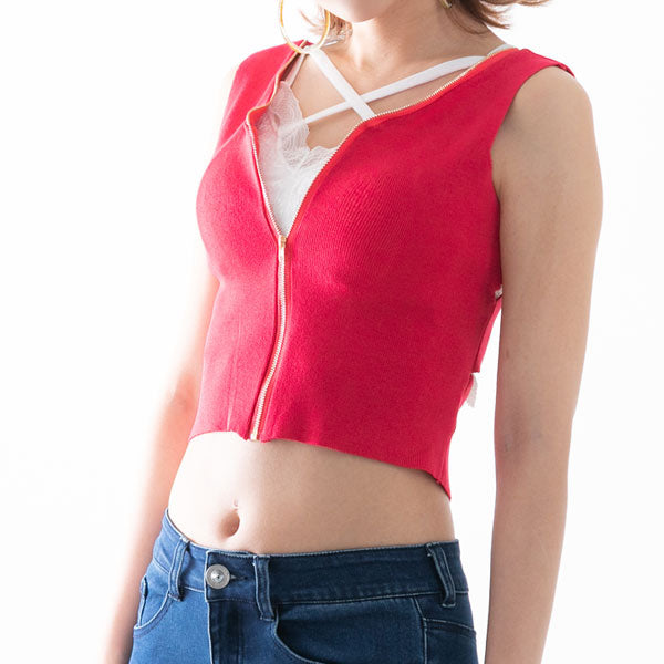 フロントジップバックセクシーニットトップス – レディース