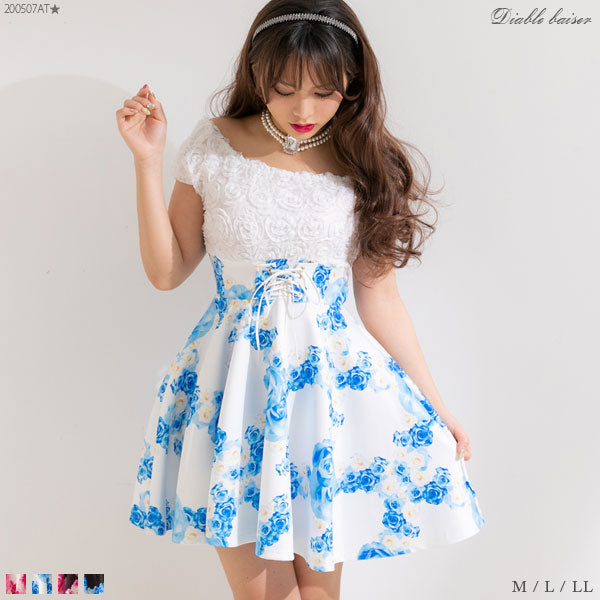 バラレースローズプリント柄フレアワンピース【M~LL】